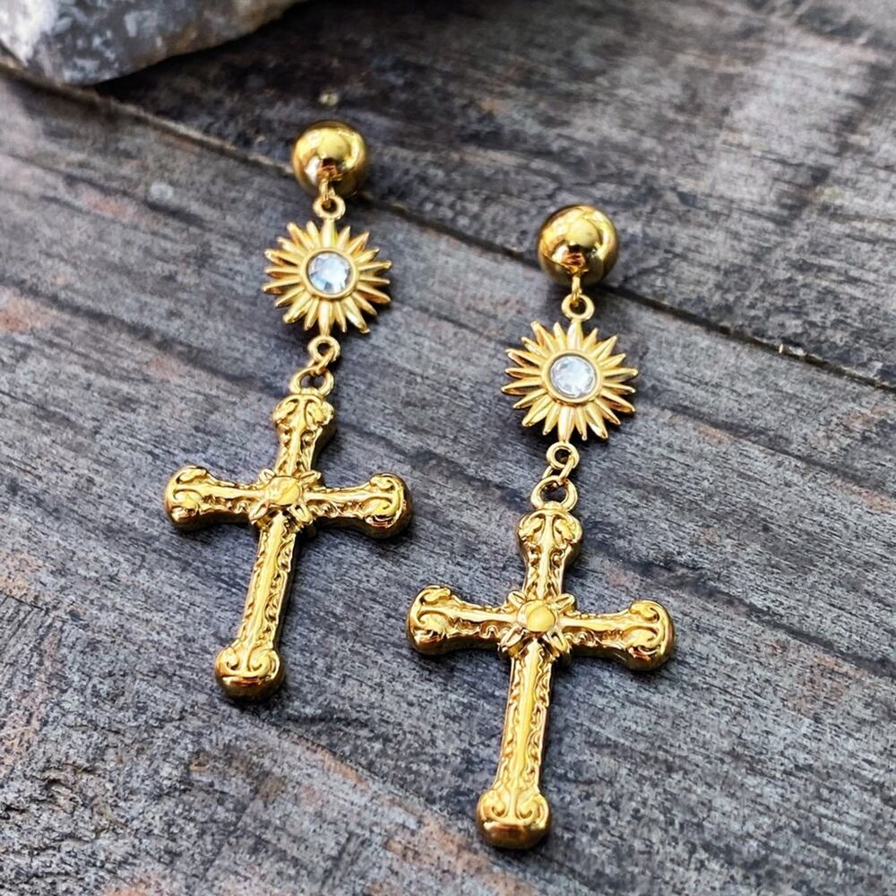 NEW Gold Gothic Cross Dangle Earrings - Picture 2 of 9